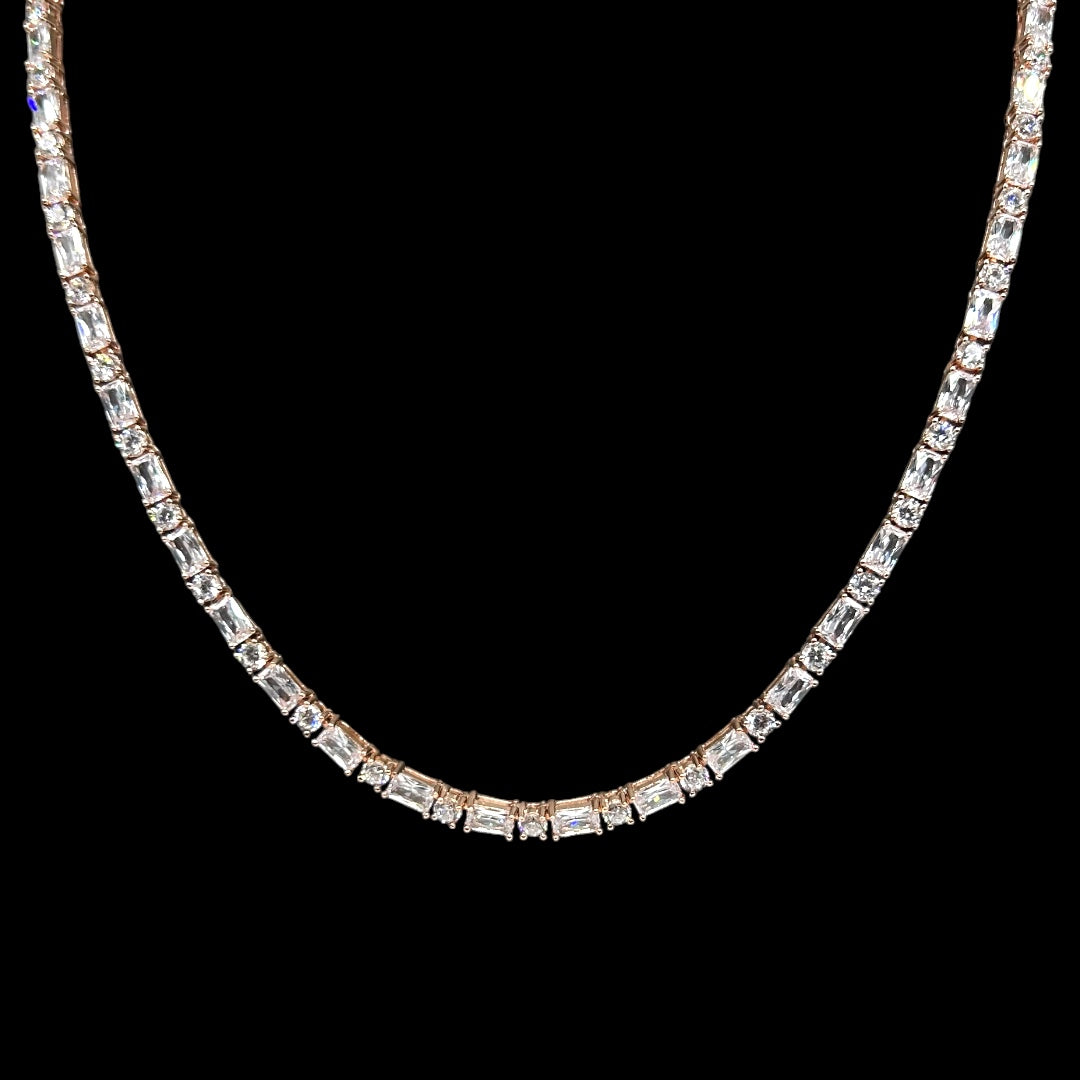 Round & Baguette Cut Tennis Chain 3mm Rose Gold