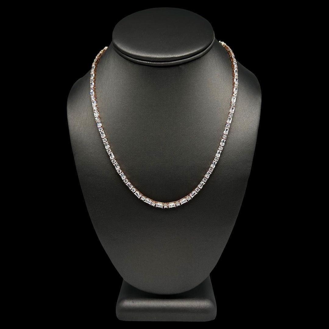 Round & Baguette Cut Tennis Chain 3mm Rose Gold