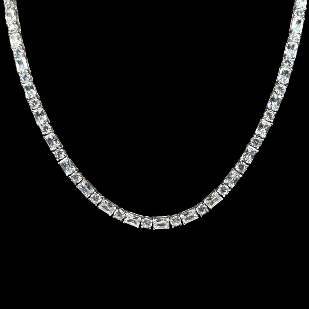 Round & Baguette Cut Tennis Chain 4mm Silver