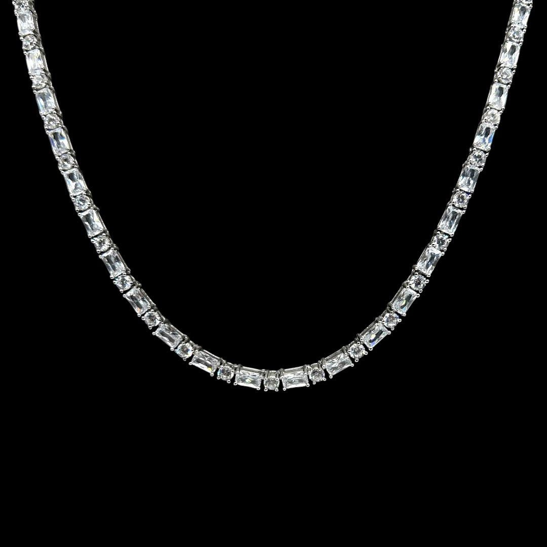 Round & Baguette Cut Tennis Chain 3mm Silver