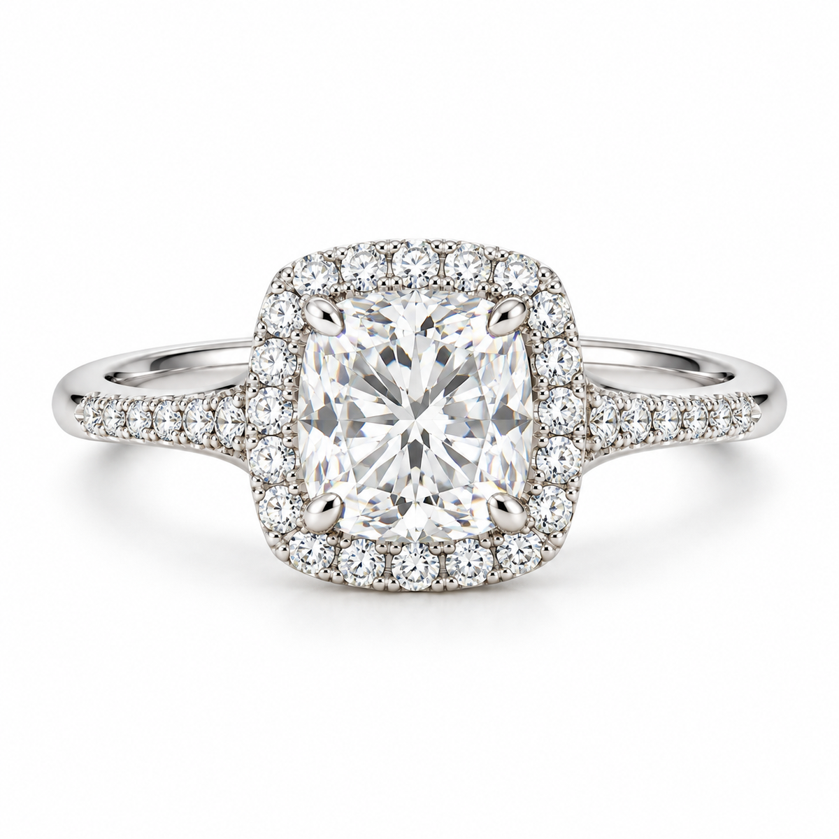 Legacy cushion halo diamond ring in 14K white gold; representative design image