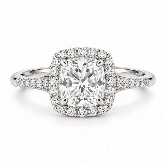 Legacy cushion halo diamond ring in 14K white gold; representative design image