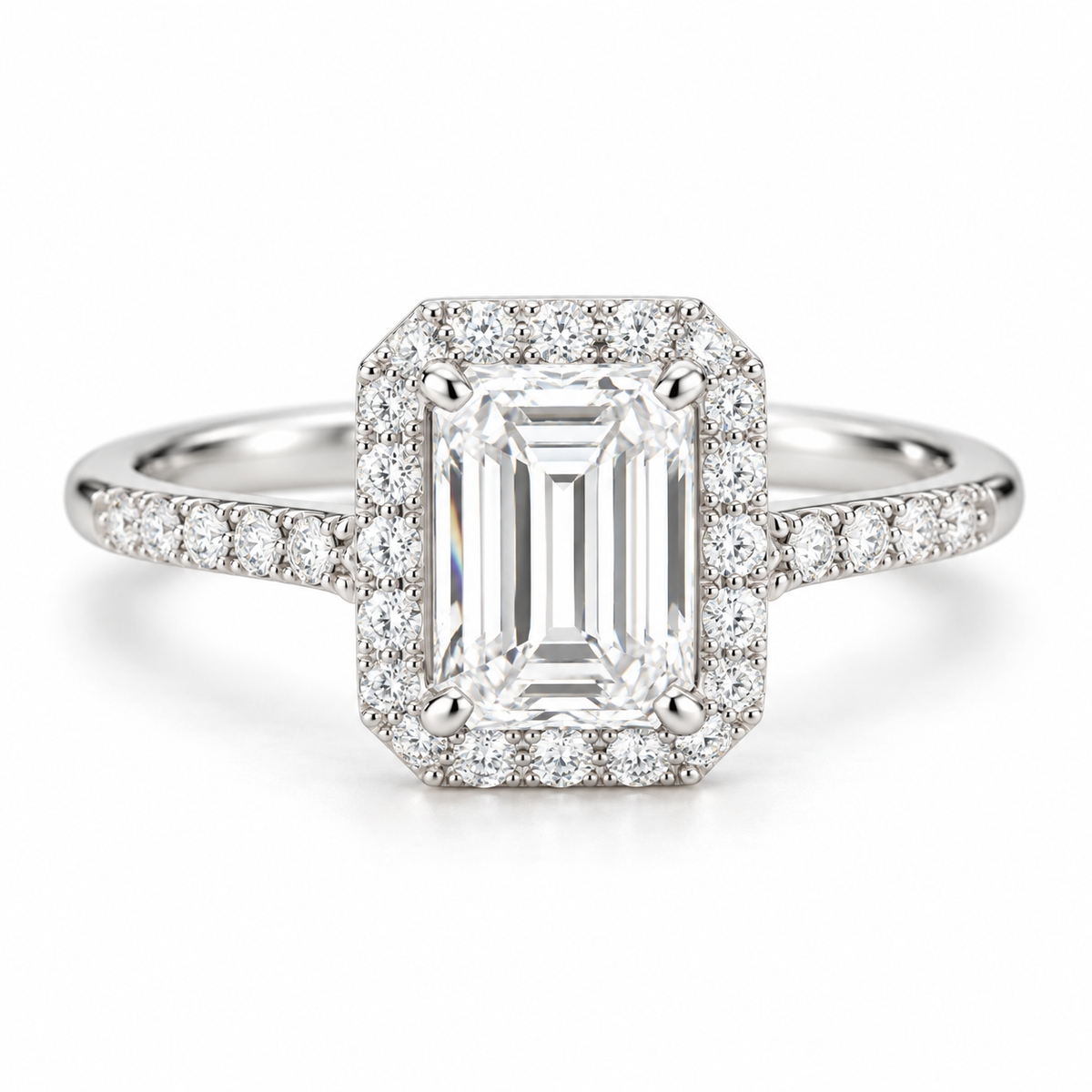 Legacy halo emerald in 14K gold with lab-grown diamonds; representative design image