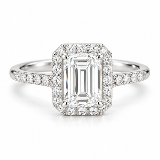 Legacy halo emerald in 14K gold with lab-grown diamonds; representative design image