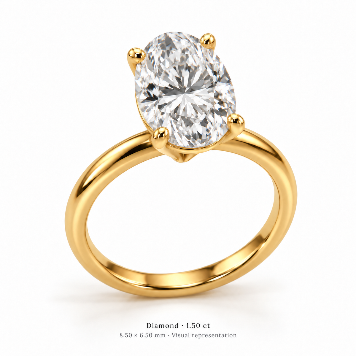 Legacy Oval Plain Solitaire — Yellow Gold — studio three-quarter front with entire circular band visible — 1.50 ct — 8.50 × 6.50 mm, visual representation