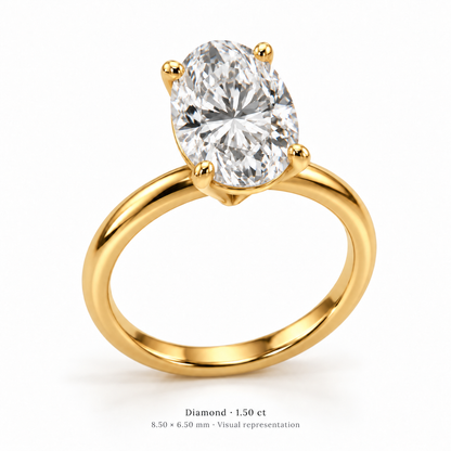 Legacy Oval Plain Solitaire — Yellow Gold — studio three-quarter front with entire circular band visible — 1.50 ct — 8.50 × 6.50 mm, visual representation