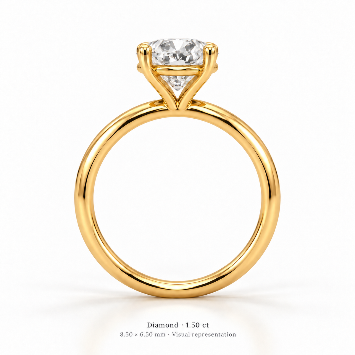 Legacy Oval Plain Solitaire — Yellow Gold — studio side profile showing open basket — 1.50 ct — 8.50 × 6.50 mm, visual representation