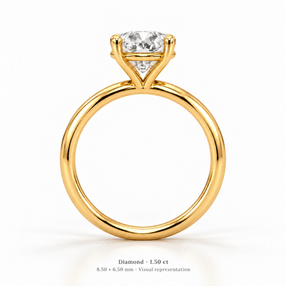 Legacy Oval Plain Solitaire — Yellow Gold — studio side profile showing open basket — 1.50 ct — 8.50 × 6.50 mm, visual representation