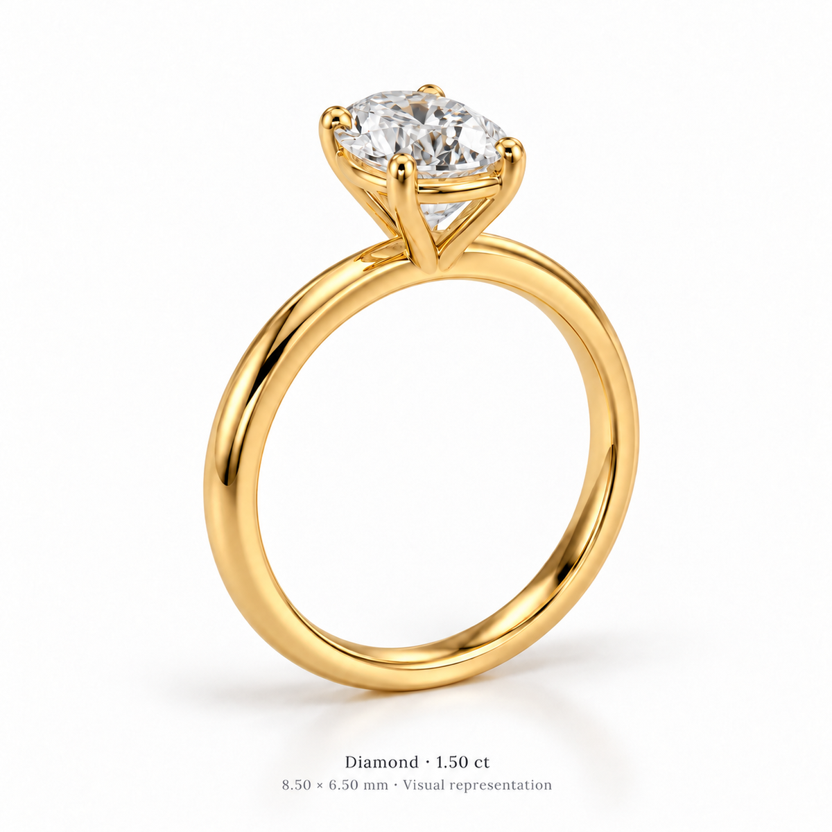 Legacy Oval Plain Solitaire — Yellow Gold — studio opposite three-quarter rear showing basket construction — 1.50 ct — 8.50 × 6.50 mm, visual representation