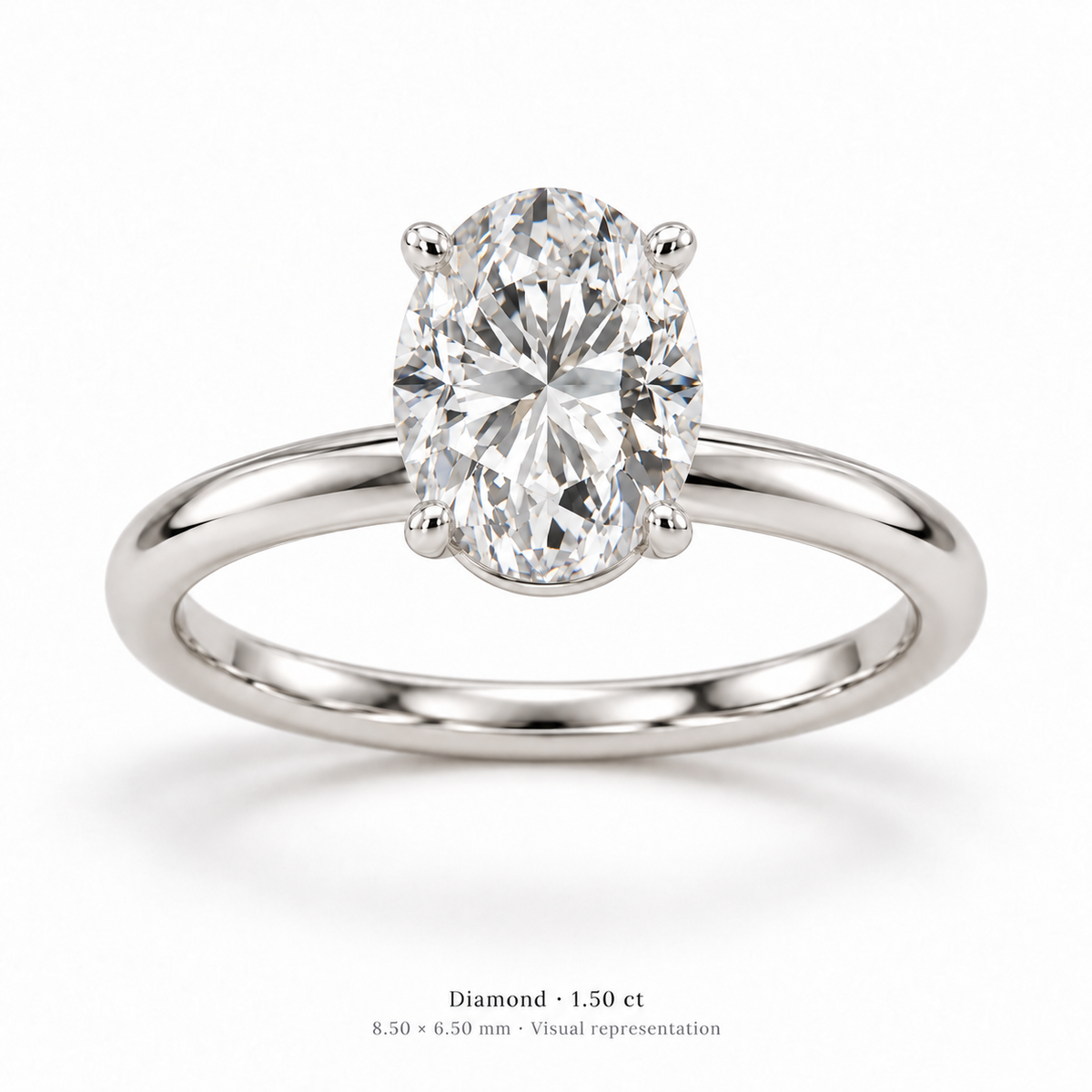 Legacy Oval Plain Solitaire — White Gold — studio three-quarter front with entire circular band visible — 1.50 ct — 8.50 × 6.50 mm, visual representation
