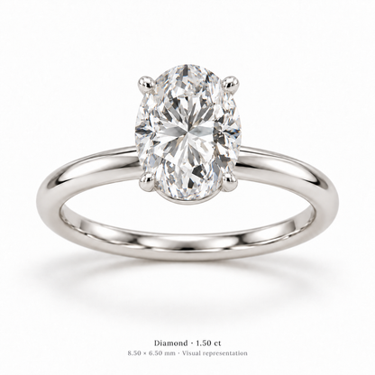 Legacy Oval Plain Solitaire — White Gold — studio three-quarter front with entire circular band visible — 1.50 ct — 8.50 × 6.50 mm, visual representation