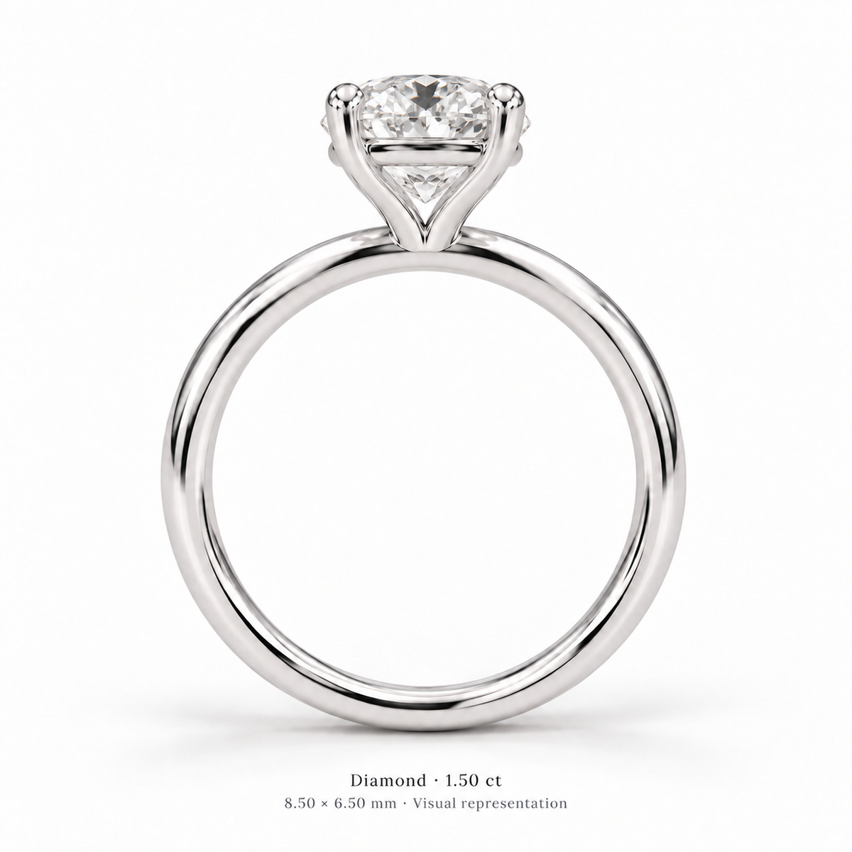 Legacy Oval Plain Solitaire — White Gold — studio side profile showing open basket — 1.50 ct — 8.50 × 6.50 mm, visual representation