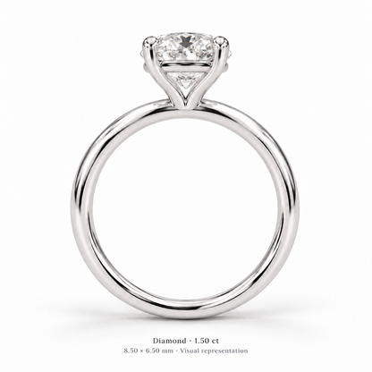 Legacy Oval Plain Solitaire — White Gold — studio side profile showing open basket — 1.50 ct — 8.50 × 6.50 mm, visual representation