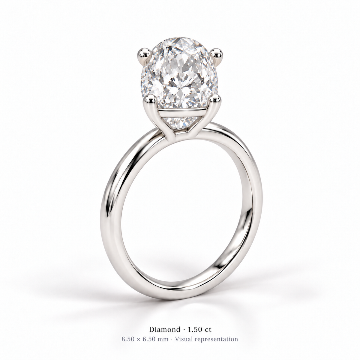 Legacy Oval Plain Solitaire — White Gold — studio opposite three-quarter rear showing basket construction — 1.50 ct — 8.50 × 6.50 mm, visual representation