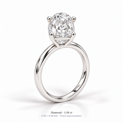 Legacy Oval Plain Solitaire — White Gold — studio opposite three-quarter rear showing basket construction — 1.50 ct — 8.50 × 6.50 mm, visual representation