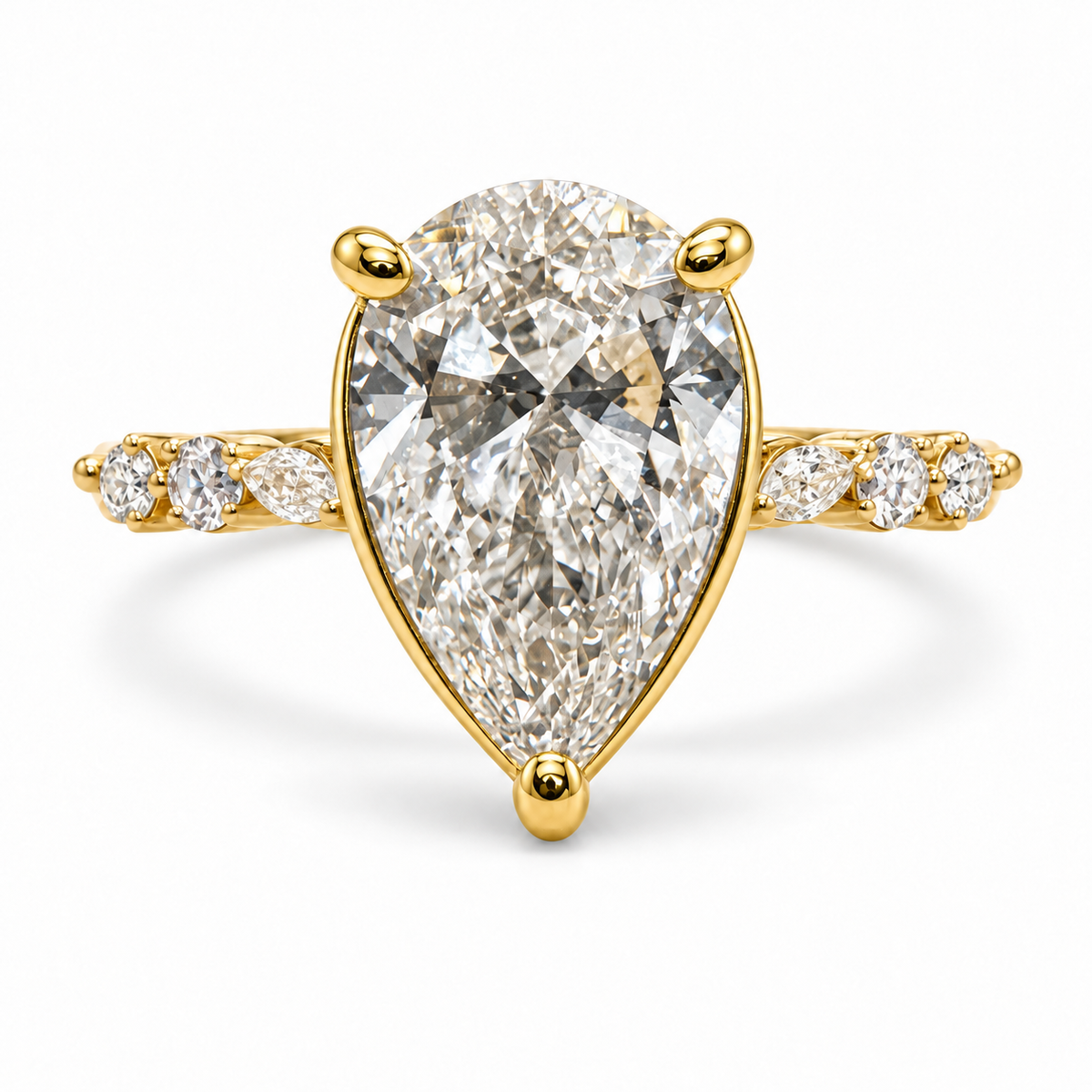 Pear-cut 2.01 carat engagement ring with all-yellow-gold setting — front view