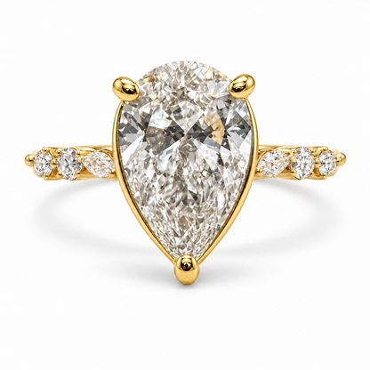 Pear-cut 2.01 carat engagement ring with all-yellow-gold setting — front view
