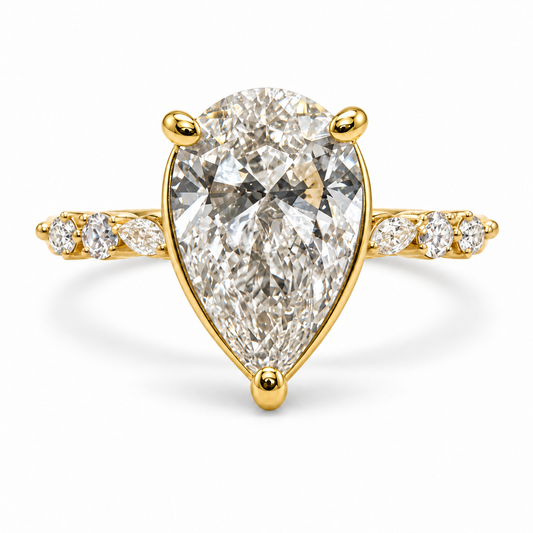 Pear-cut 2.01 carat engagement ring with all-yellow-gold setting — front view