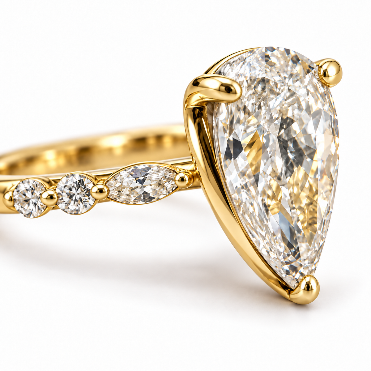 Pear-cut 2.01 carat engagement ring with all-yellow-gold setting — macro detail