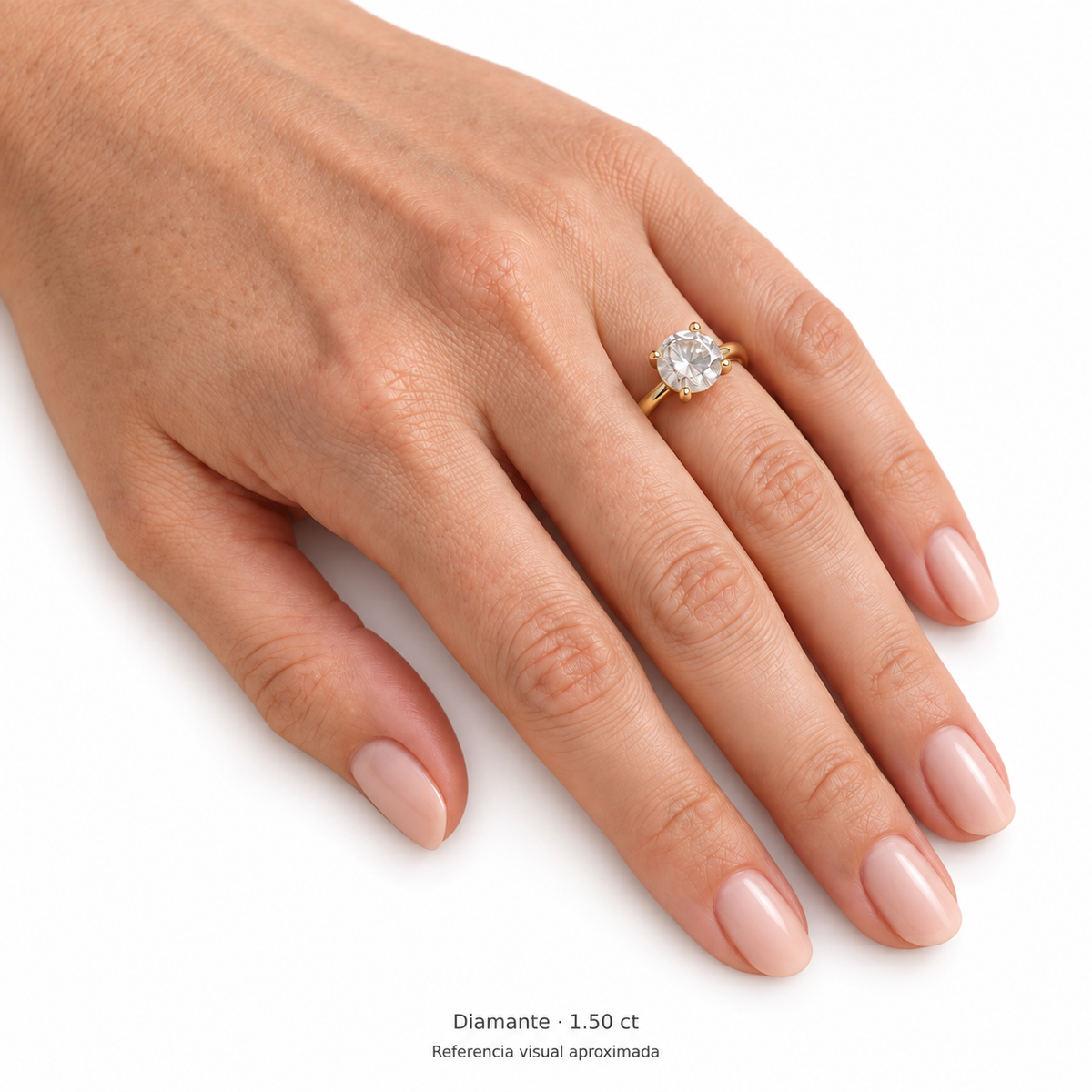 Legacy Round — 1.50 ct — Yellow Gold — mano, referencia visual aproximada — fondo blanco uniforme