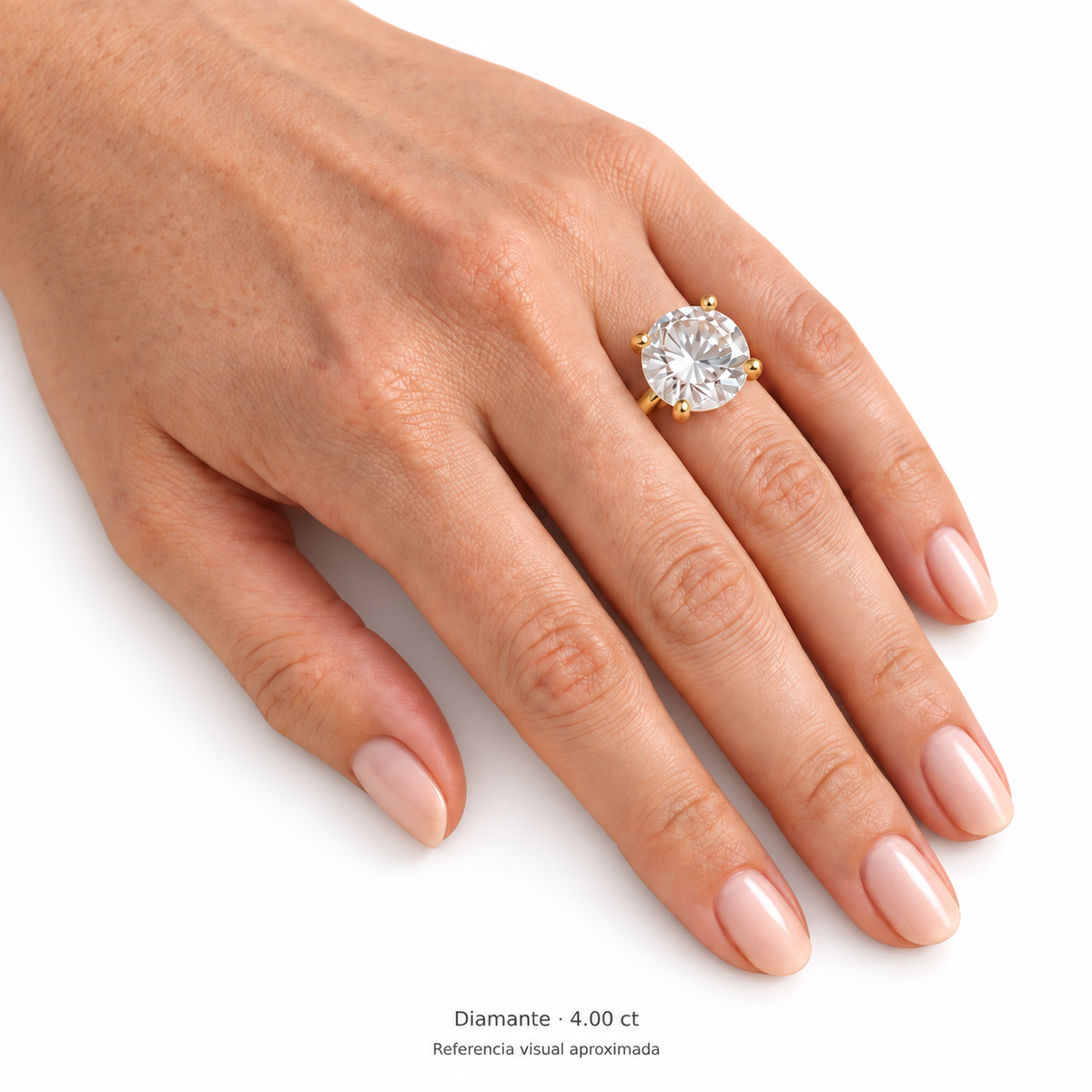 Legacy Round — 4.00 ct — Yellow Gold — mano, referencia visual aproximada — fondo blanco uniforme