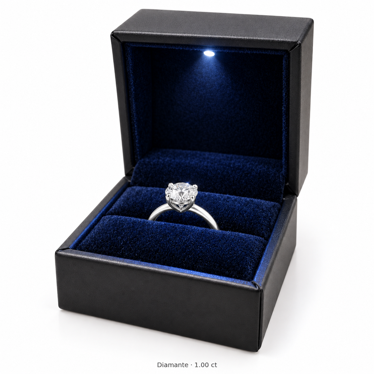 Legacy Round Solitaire — 1.00 ct — White Gold — caja original — fondo blanco uniforme