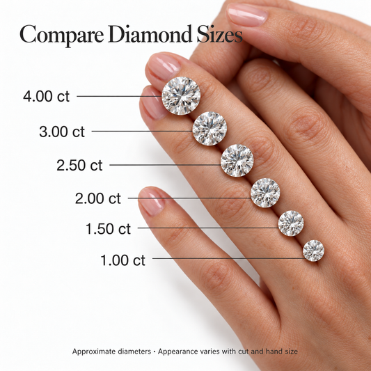 Round diamond size comparison — 1.00 to 4.00 ct — approximate visual guide