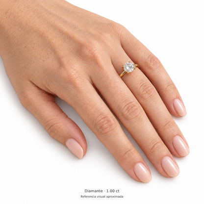 Legacy Round — 1.00 ct — Yellow Gold — mano, referencia visual aproximada — fondo blanco uniforme